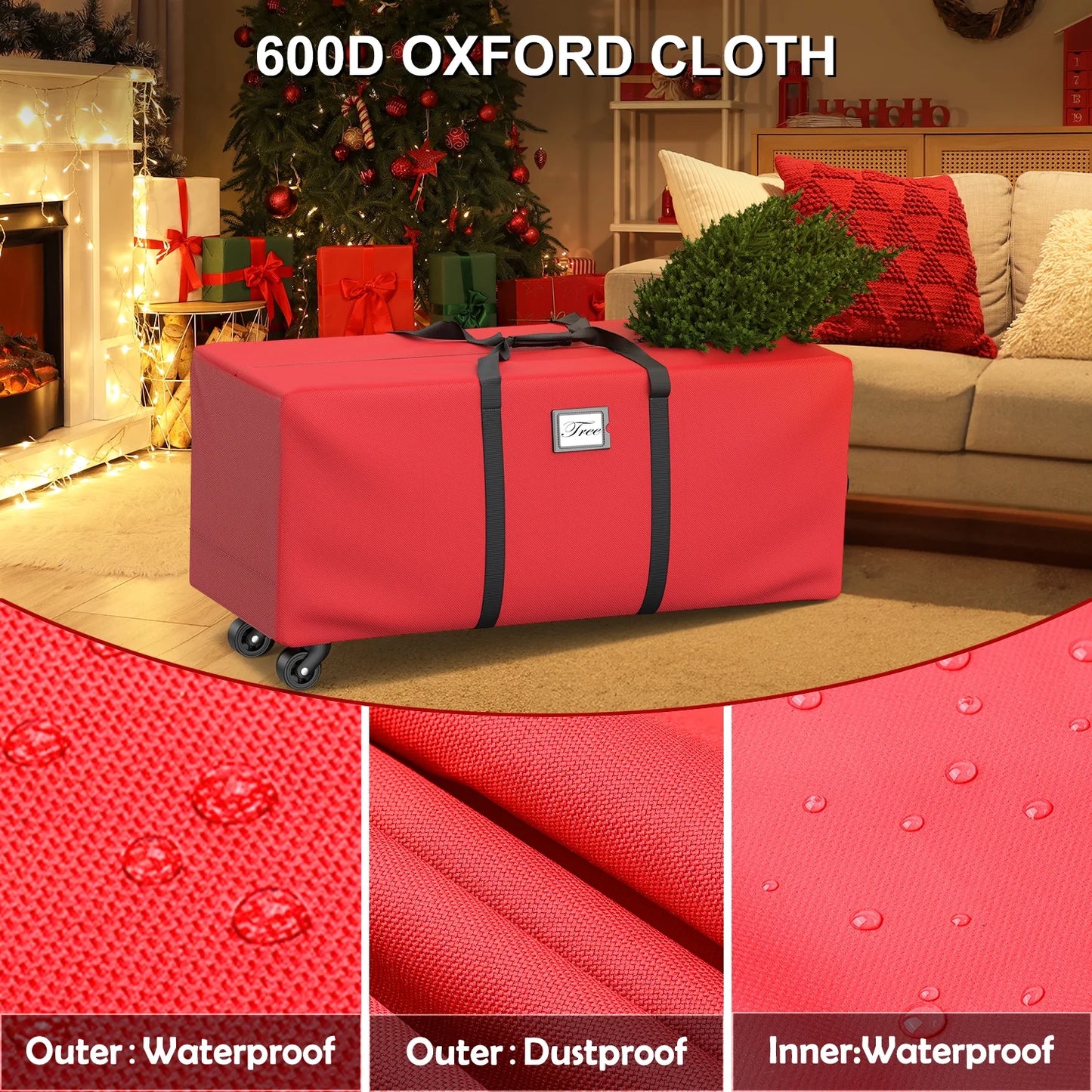 7.5 f Rolling Christmas Tree Storage Bag with Wheels, Waterproof Xmas Tree Storage Container Box 600D, Re