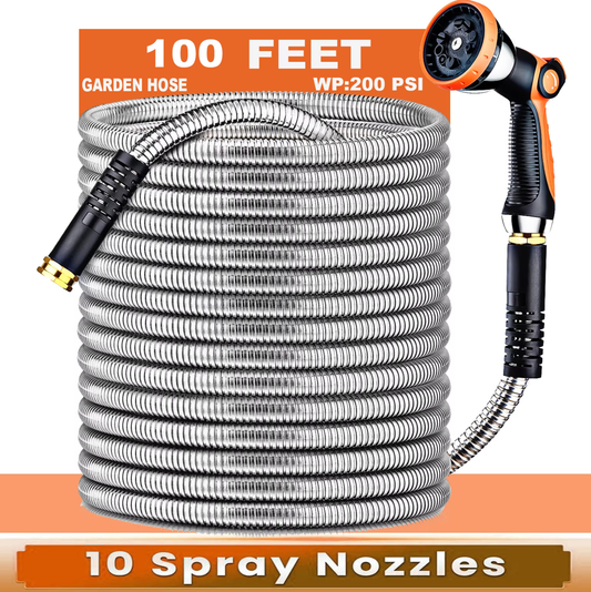 100 ft Metal Garden Hose, Stainless Steel Water Hose with 10 Function Nozzles, No Kinks, Lightweight Hose