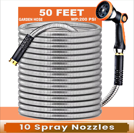 50 ft Metal Garden Hose, Stainless Steel Water Hose with 10 Function Nozzles, No Kinks, Lightweight Hose