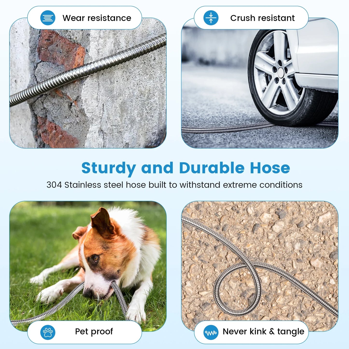 100 ft Metal Garden Hose, Stainless Steel Water Hose with 10 Function Nozzles, No Kinks, Lightweight Hose