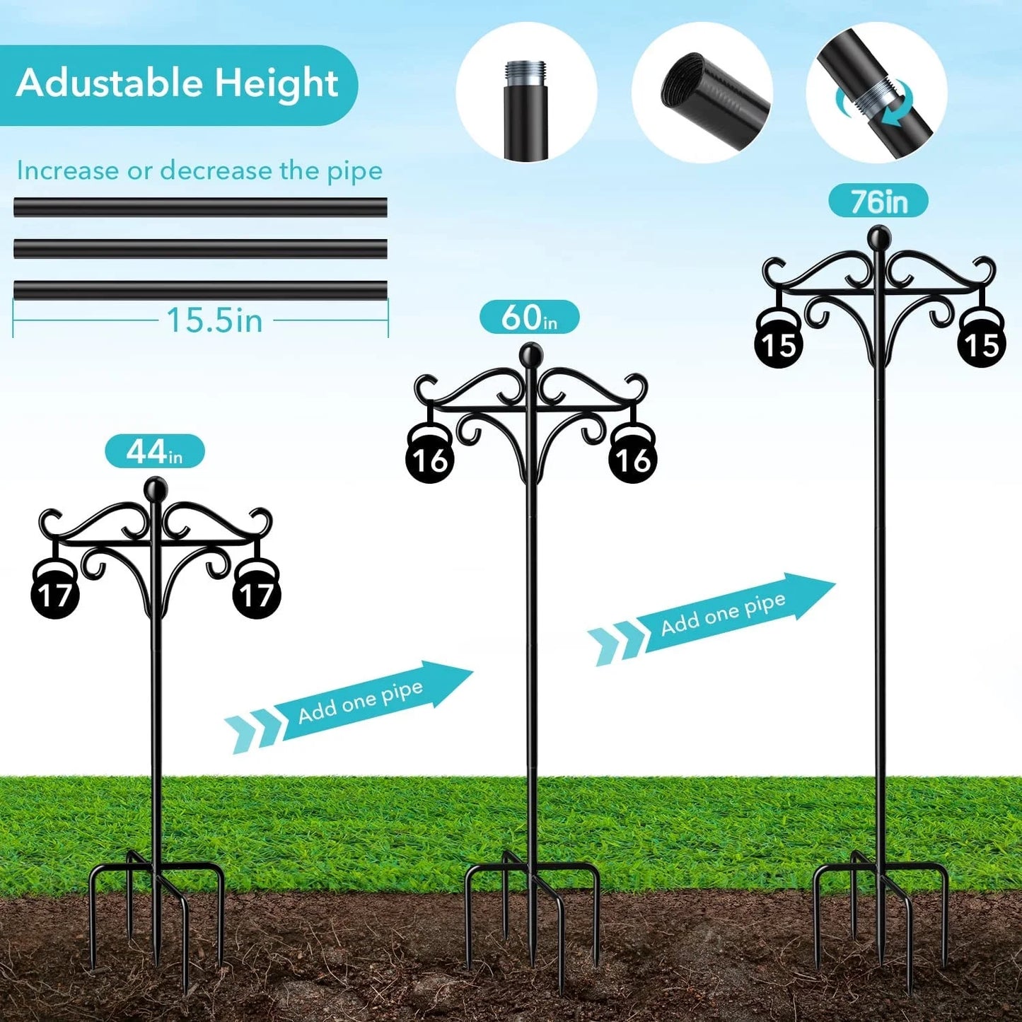 Shepherds Hooks for Outdoor, 76" Double Bird Feeder Poles, Outdoor Plant Hanger Hooks for Bird Feeder, (2 Pack)