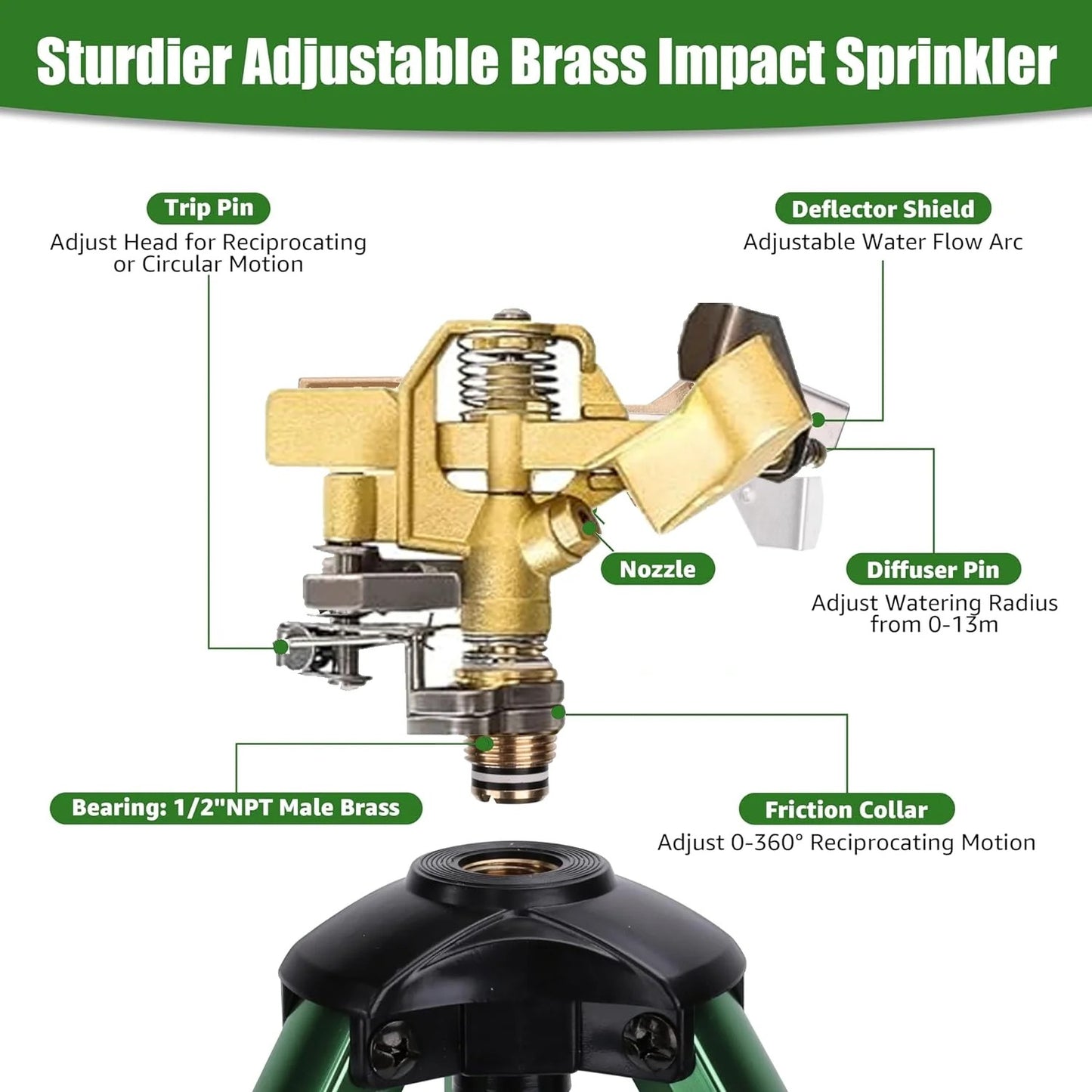 Impact Tripod Sprinkler, Heavy Duty Lawn Sprinklers with 360° Roating Brass Head for Garden, Farm, Adjustable Flow