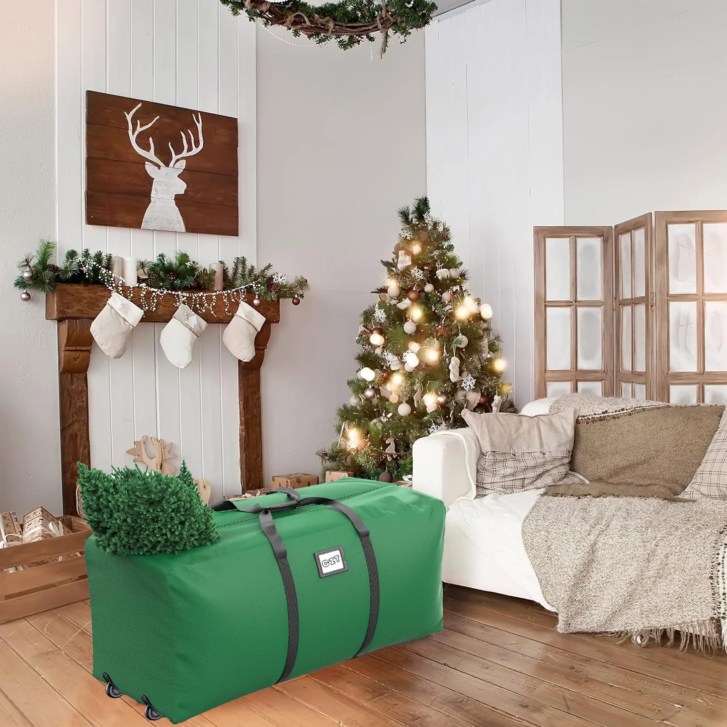 7.5ft Rolling Christmas Tree Storage Bag, Christmas Tree Storage Container with Wheels, 600D, Green