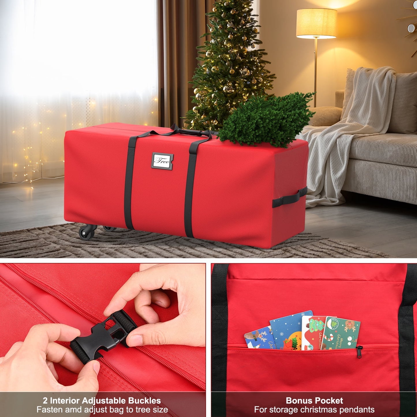 7.5 f Rolling Christmas Tree Storage Bag with Wheels, Waterproof Xmas Tree Storage Container Box 600D, Re