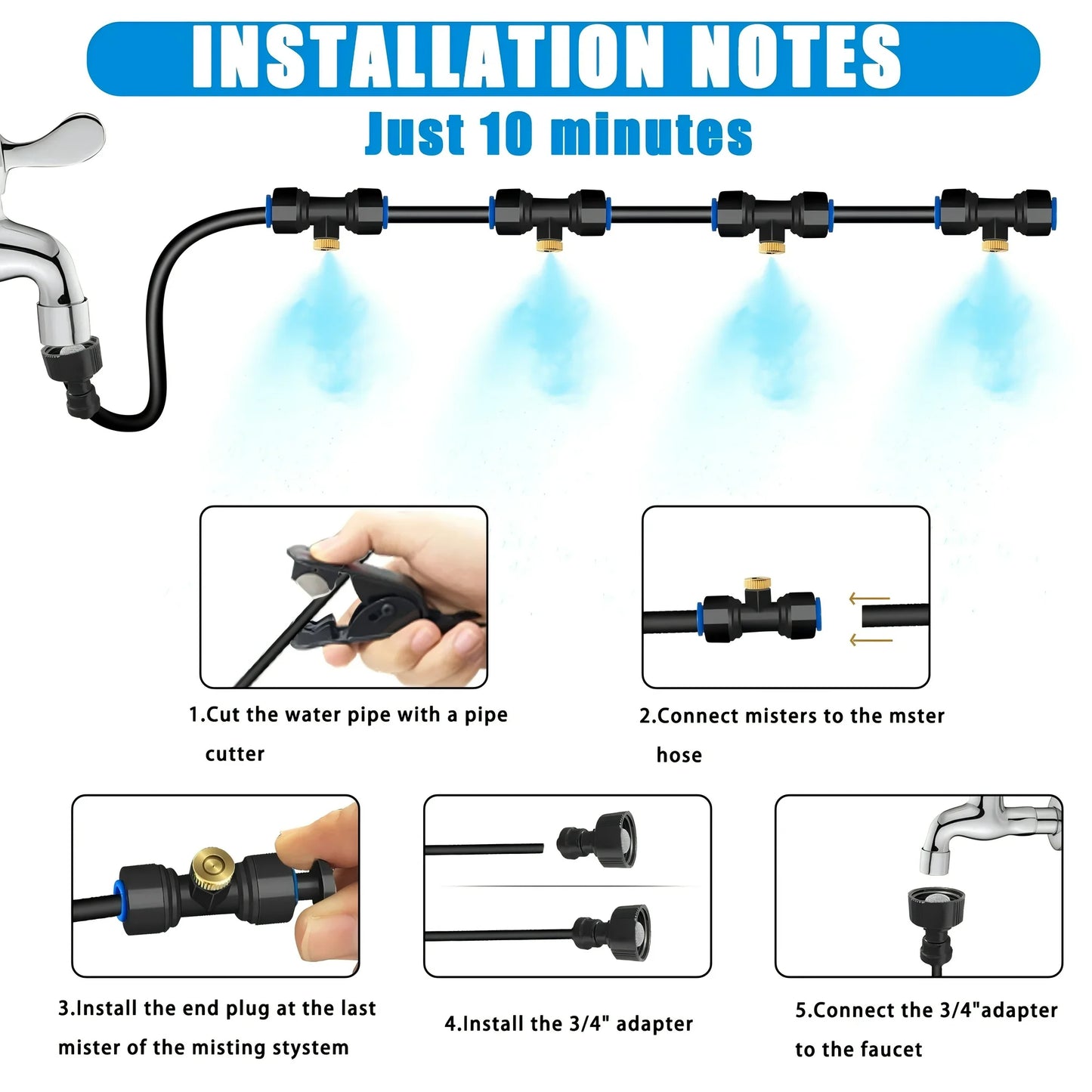 Misting System, misters for patio with 25 Nozzles & Cutter, 66ft pvc Mister