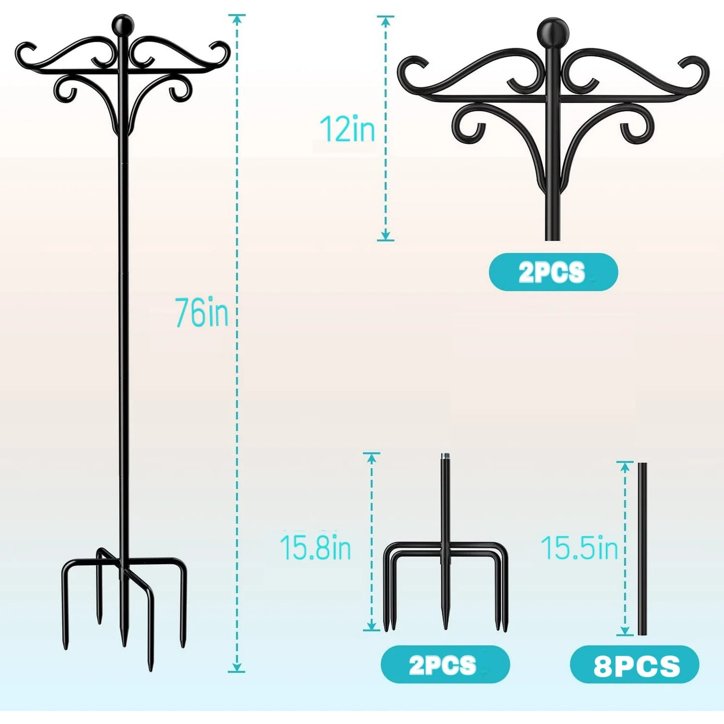 Shepherds Hooks for Outdoor, 76" Double Bird Feeder Poles, Outdoor Plant Hanger Hooks for Bird Feeder, (2 Pack)