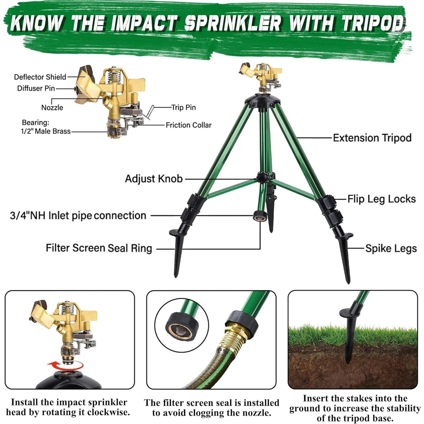 Impact Tripod Sprinkler, Heavy Duty Lawn Sprinklers with 360° Roating Brass Head for Garden, Farm, Adjustable Flow