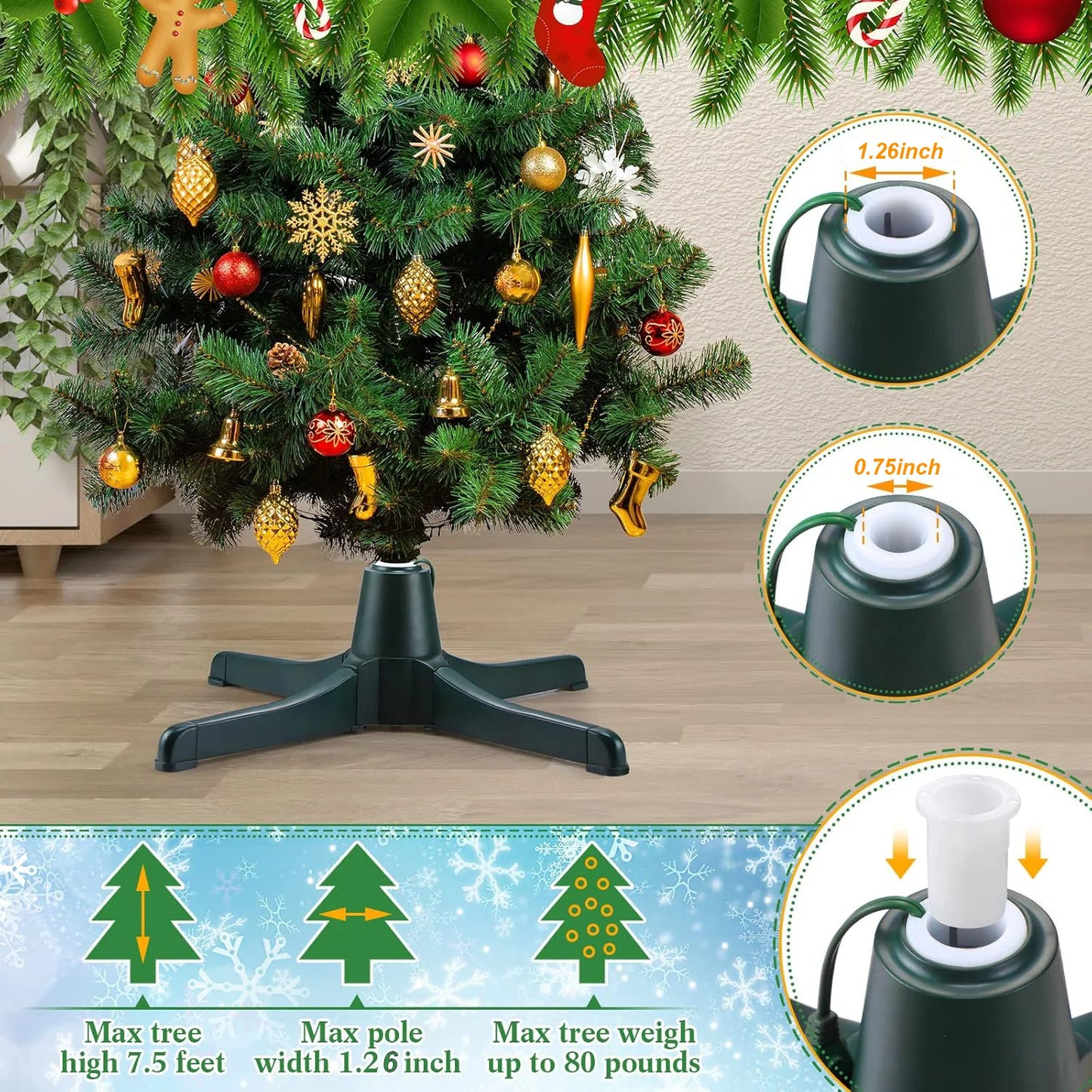 Rotating Christmas Tree Stand, 360 Degree Adjustable Electric Rotating Tree Stand, Suit for Up to 80 pounds & 7.5ft Artificial Tree, and 0.75”, 0.88”, 1.26”D Trees (Green)