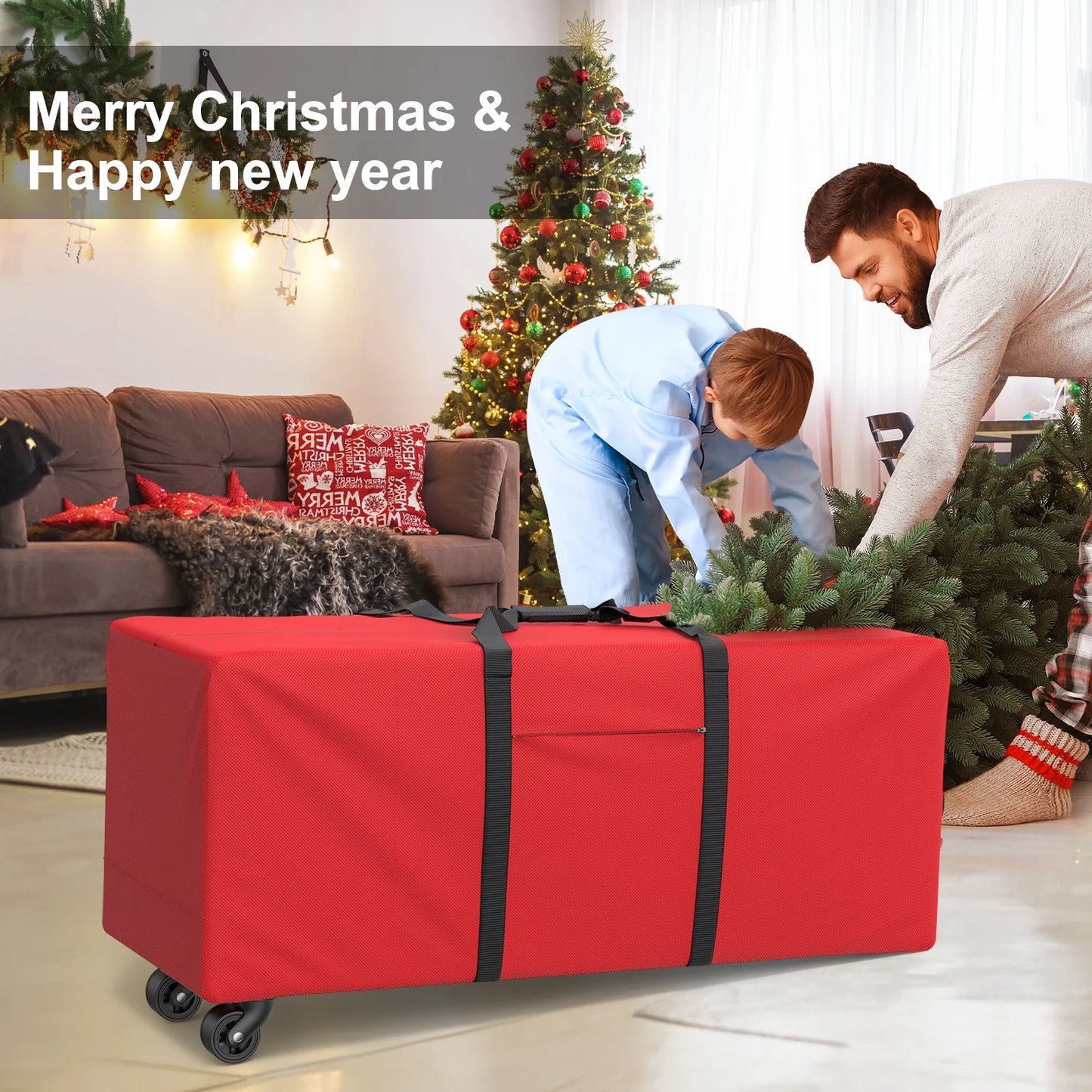 7.5 f Rolling Christmas Tree Storage Bag with Wheels, Waterproof Xmas Tree Storage Container Box 600D, Re