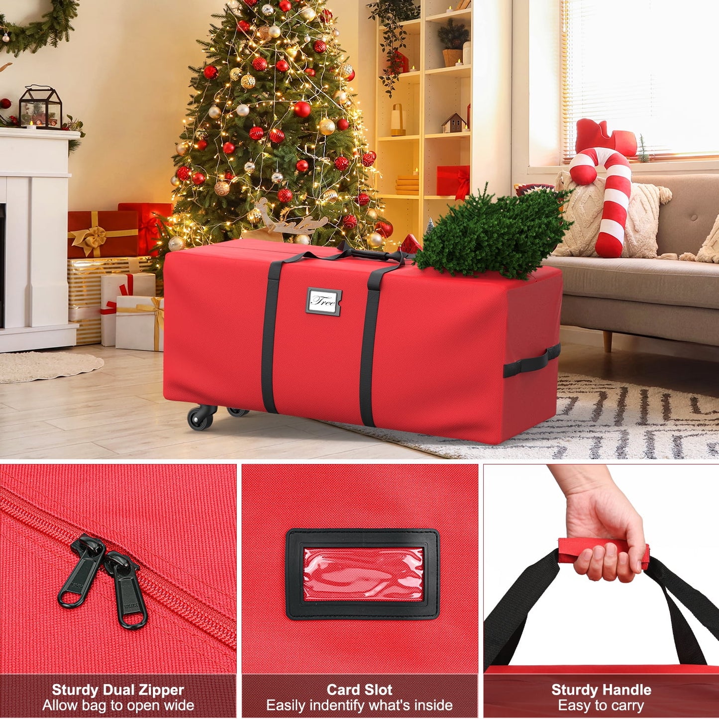 7.5 f Rolling Christmas Tree Storage Bag with Wheels, Waterproof Xmas Tree Storage Container Box 600D, Re