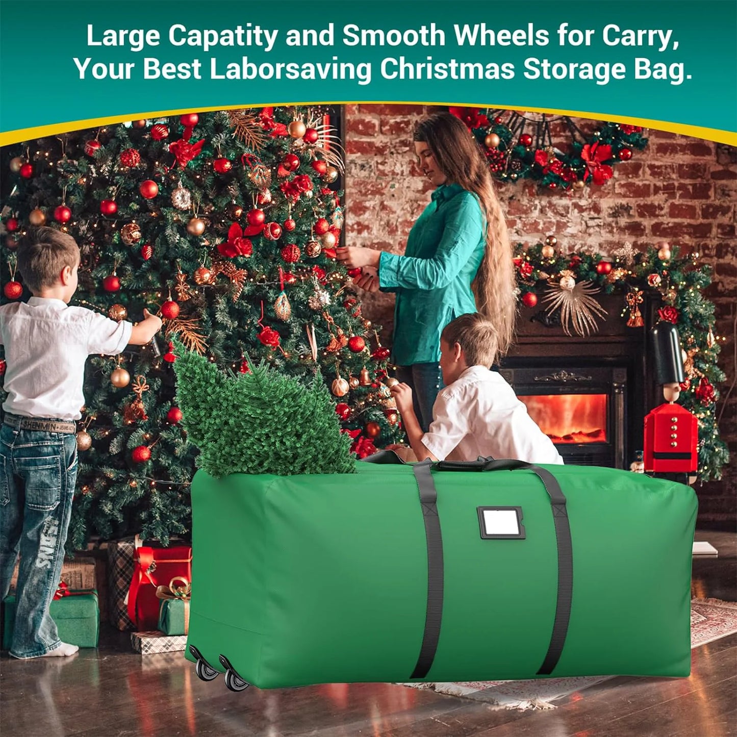 7.5ft Rolling Christmas Tree Storage Bag, Christmas Tree Storage Container with Wheels, 600D, Green