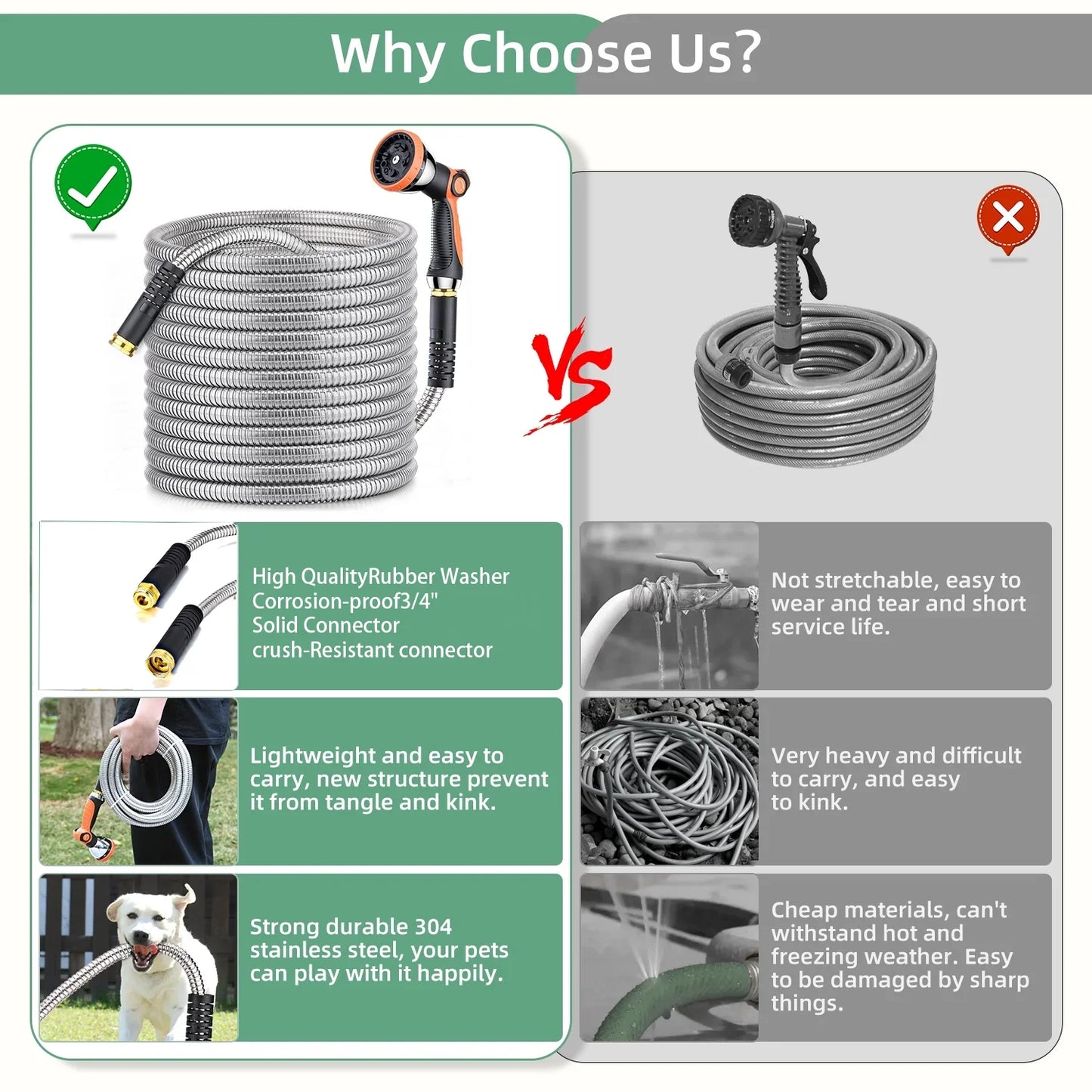 50 ft Metal Garden Hose, Stainless Steel Water Hose with 10 Function Nozzles, No Kinks, Lightweight Hose