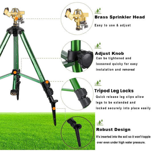 Impact Tripod Sprinkler, Heavy Duty Lawn Sprinklers with 360° Roating Brass Head for Garden, Farm, Adjustable Flow