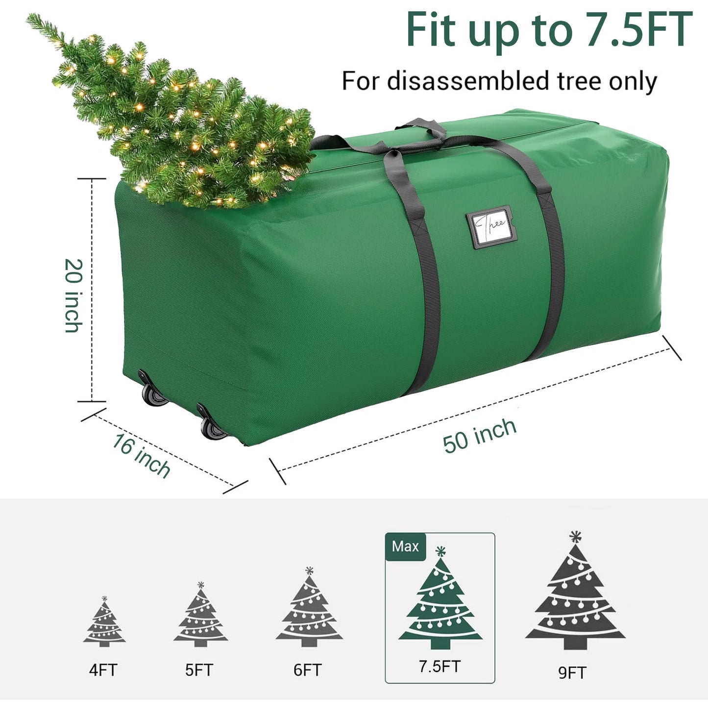 7.5ft Rolling Christmas Tree Storage Bag, Christmas Tree Storage Container with Wheels, 600D, Green
